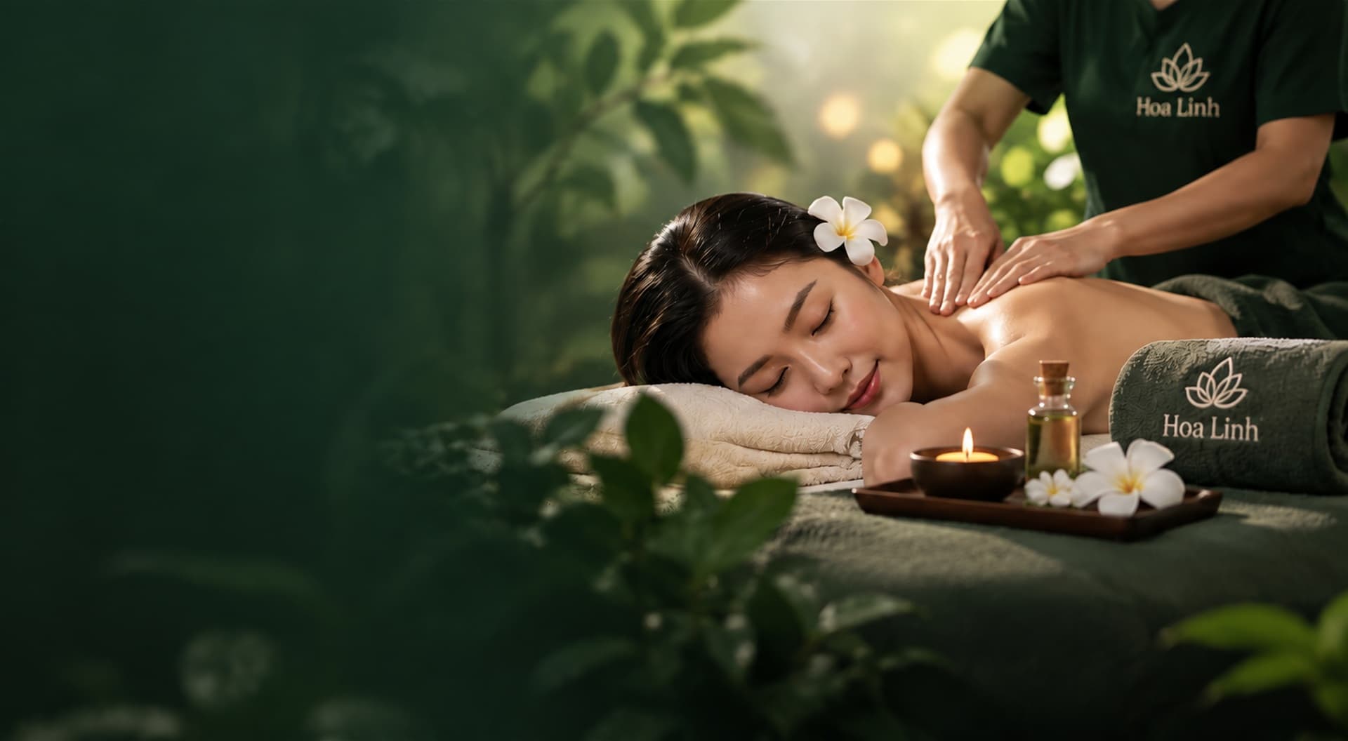 Phòng trị liệu của Spa Hoa Linh trong sắc xanh thảo mộc và be ấm